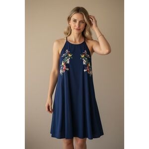 Alya Navy Blue Floral Medium Embroidered Halter Mini Dress Boho Summer Casual